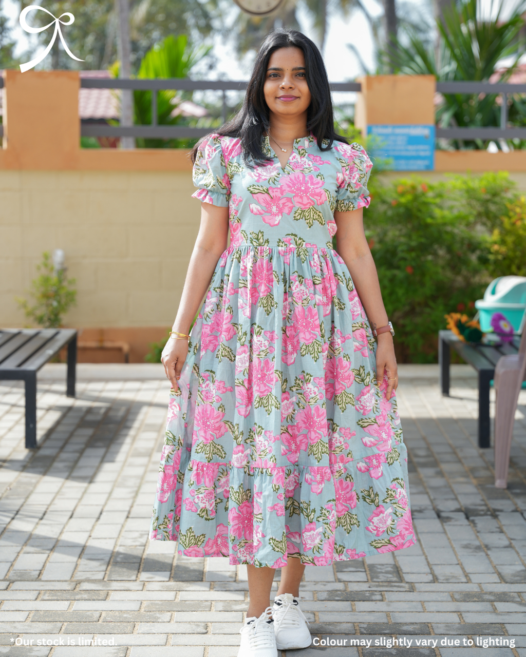 Powder Blue Floral Printed Cotton Midi Dress