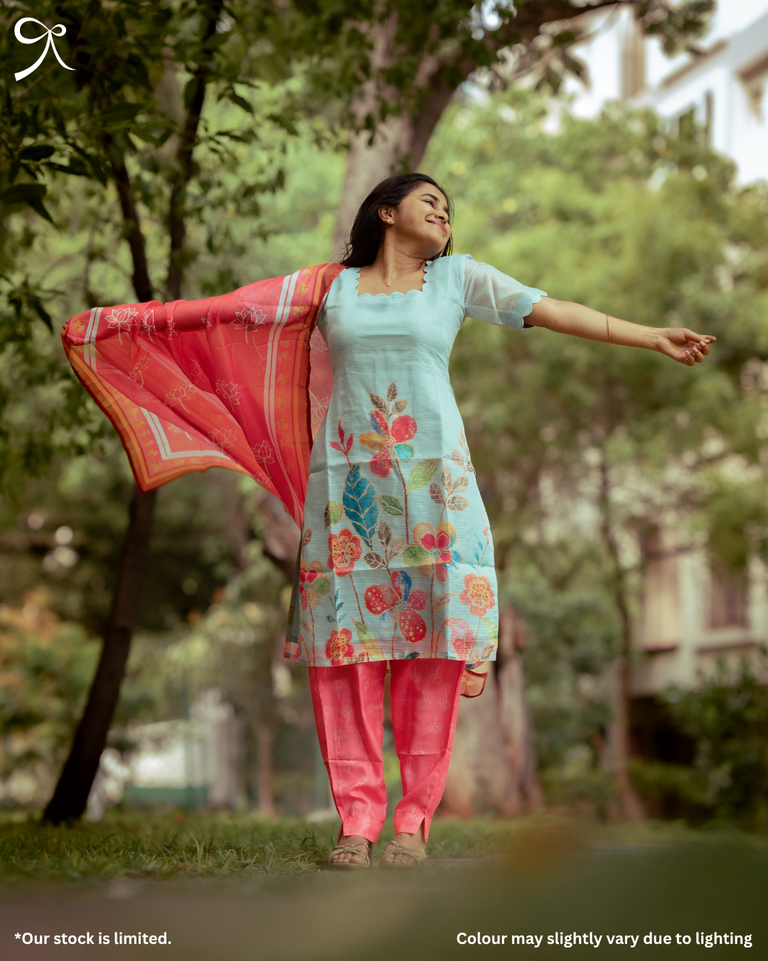 Sky Blue & Pink Kota Cotton Floral Printed 3 Piece Salwar Suit Set