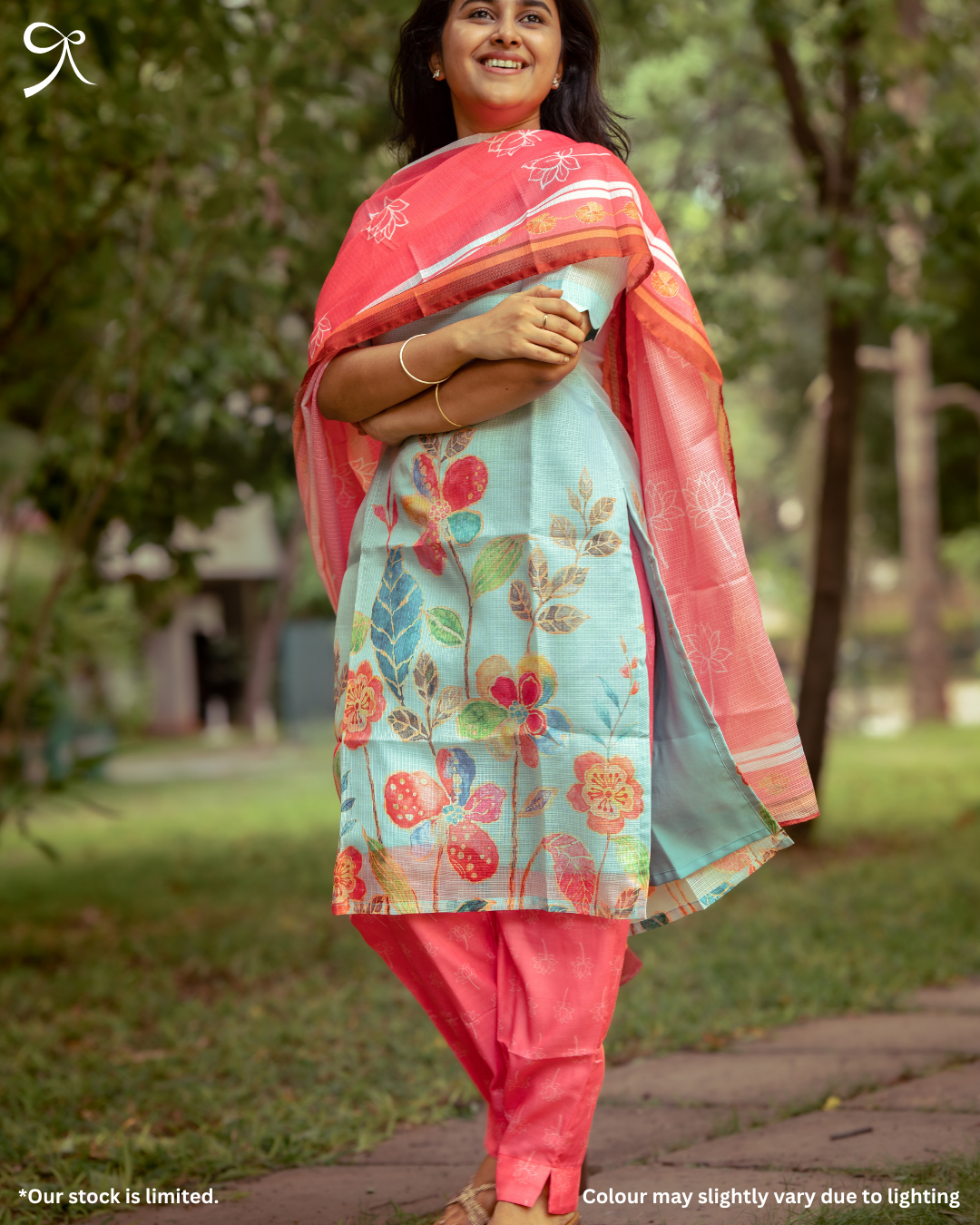 Sky Blue & Pink Kota Cotton Floral Printed 3 Piece Salwar Suit Set