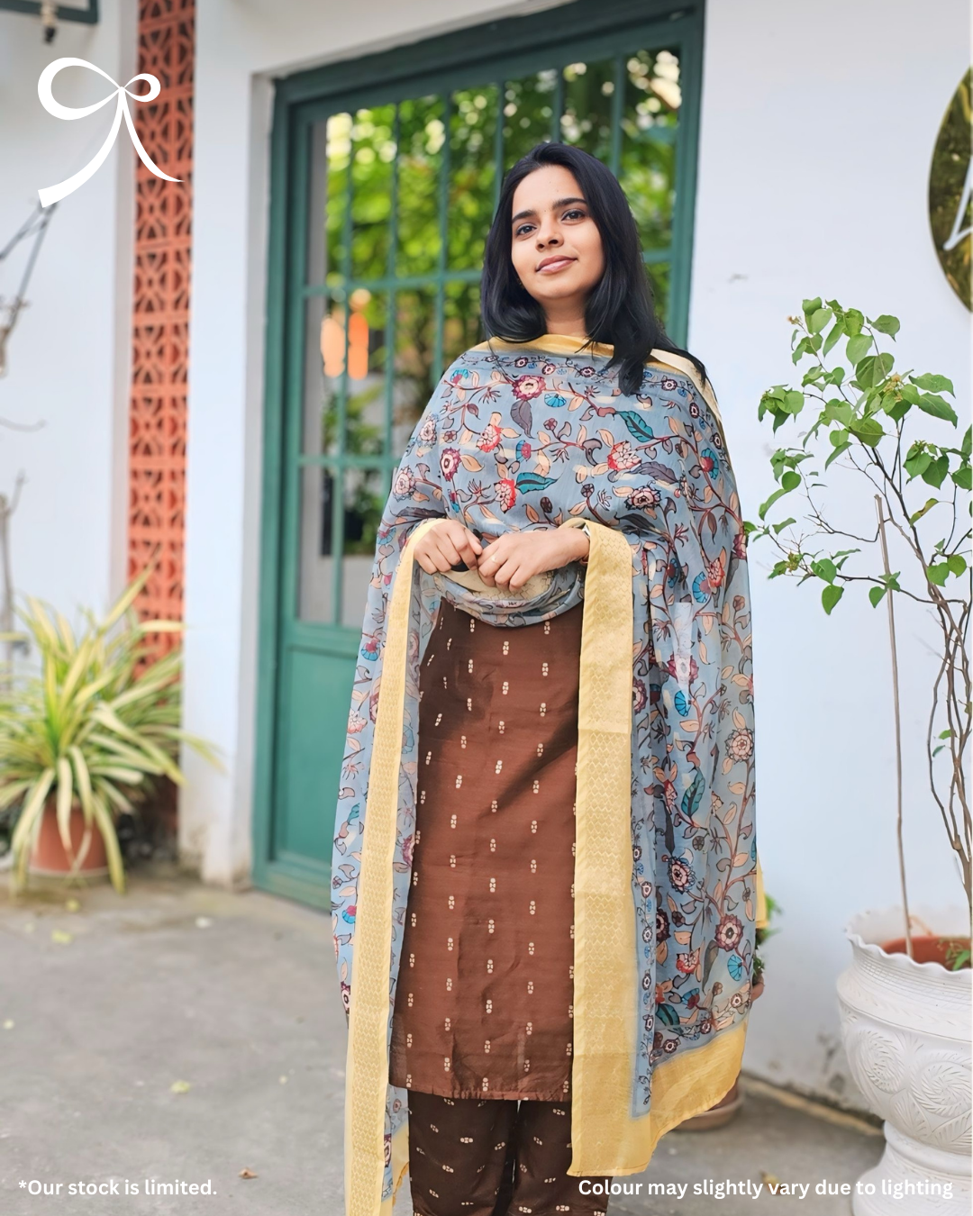 Premium Raw Silk Suit Set with Chanderi Kalamkari Dupatta – Brown