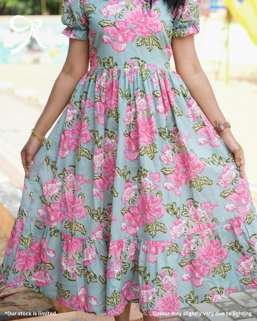 Powder Blue Floral Printed Cotton Midi Dress