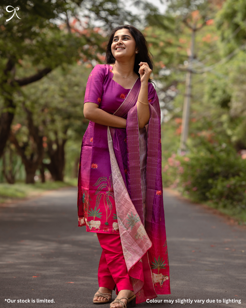 Pretty Vibrant Purple Kolam Silk Pichwai Printed 3-Piece Salwar Suit Set