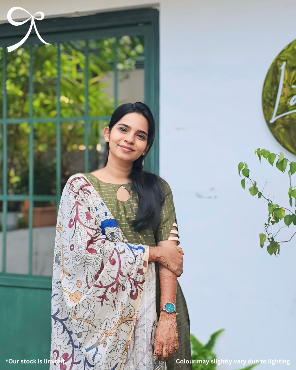 Close-up view of Olive raw silk suit and Kalamkari dupatta — Page maintained by Creations by Nash.