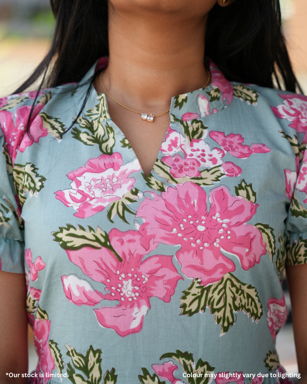 Powder Blue Floral Printed Cotton Midi Dress