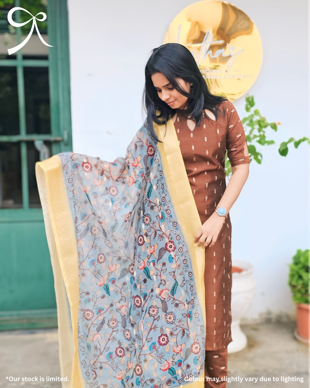 Premium Raw Silk Suit Set with Chanderi Kalamkari Dupatta – Brown