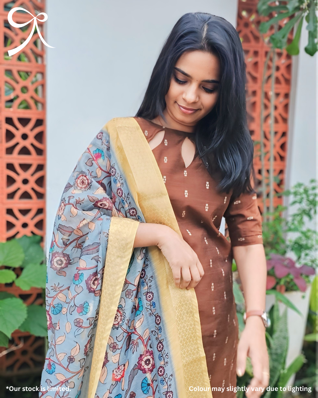 Premium Raw Silk Suit Set with Chanderi Kalamkari Dupatta – Brown