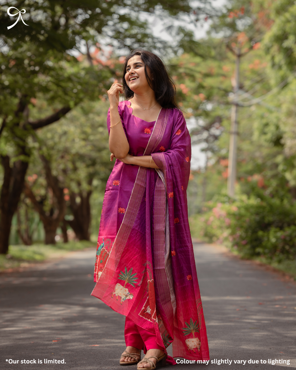Pretty Vibrant Purple Kolam Silk Pichwai Printed 3-Piece Salwar Suit Set