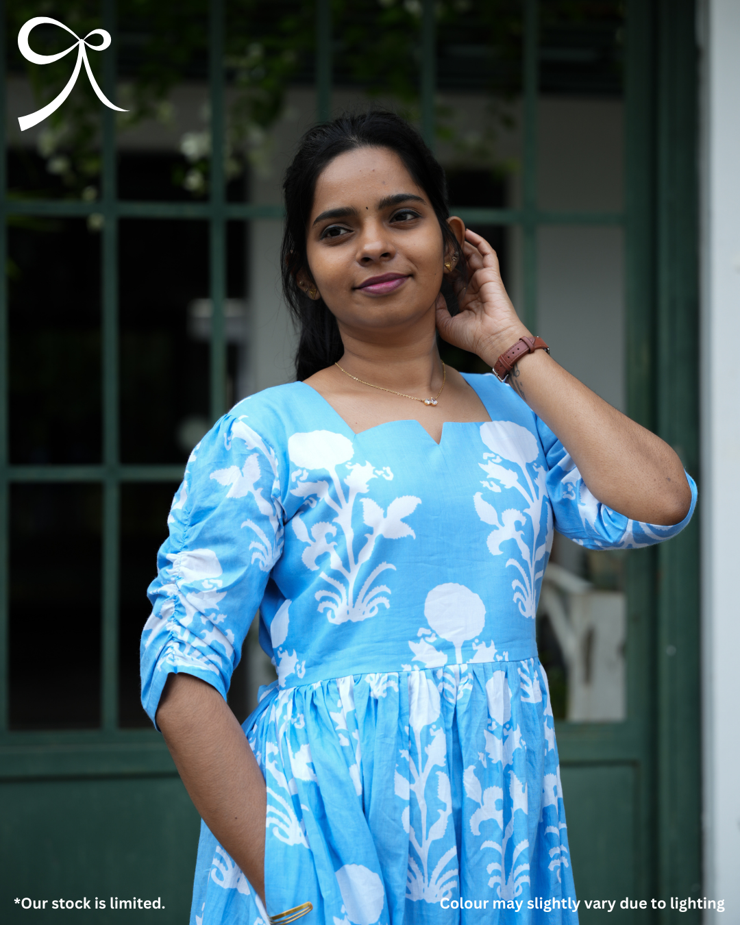 Aqua Blue Printed Cotton Maxi Dress