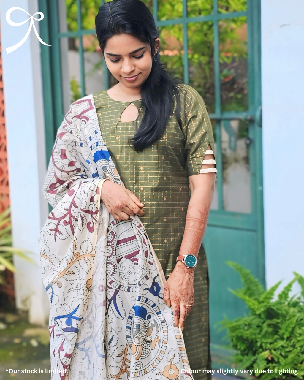 Olive Raw Silk Zari Checks Suit Set with Kalamkari Dupatta