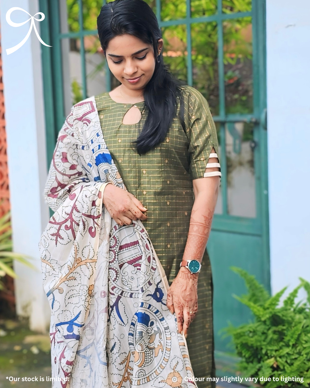 Olive Raw Silk Zari Checks Suit Set with Kalamkari Dupatta