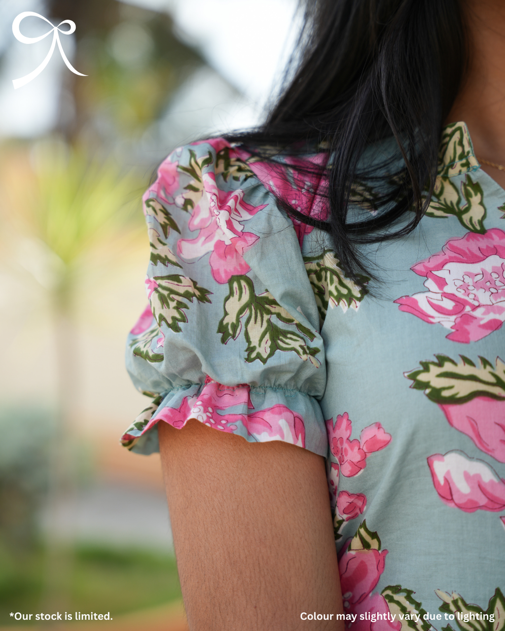 Powder Blue Floral Printed Cotton Midi Dress
