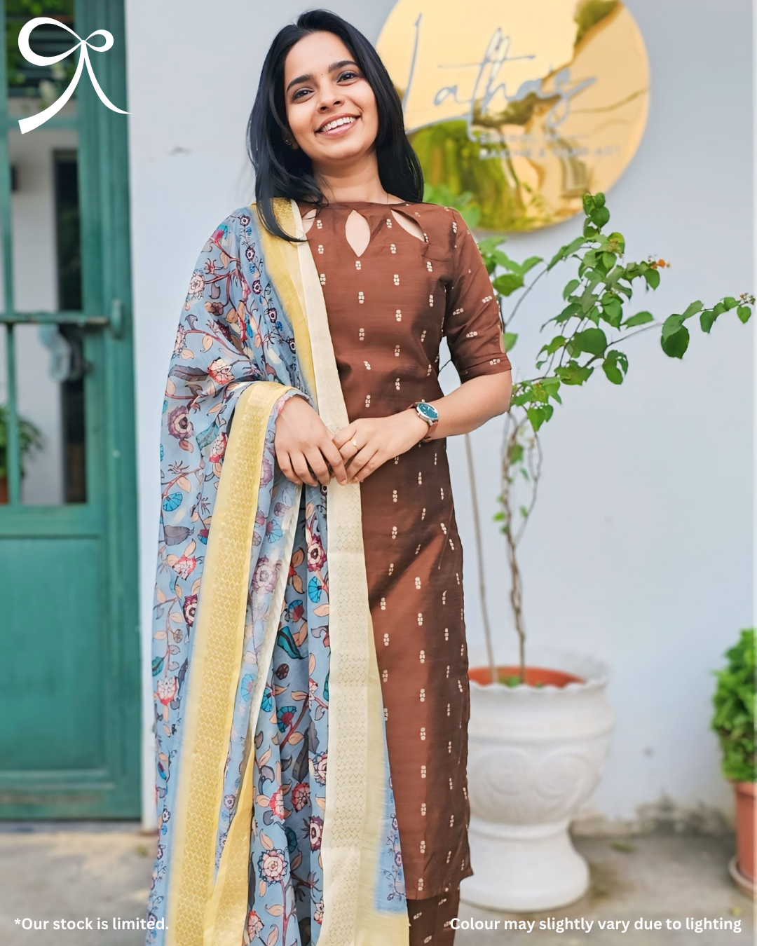 Premium Raw Silk Suit Set with Chanderi Kalamkari Dupatta – Brown