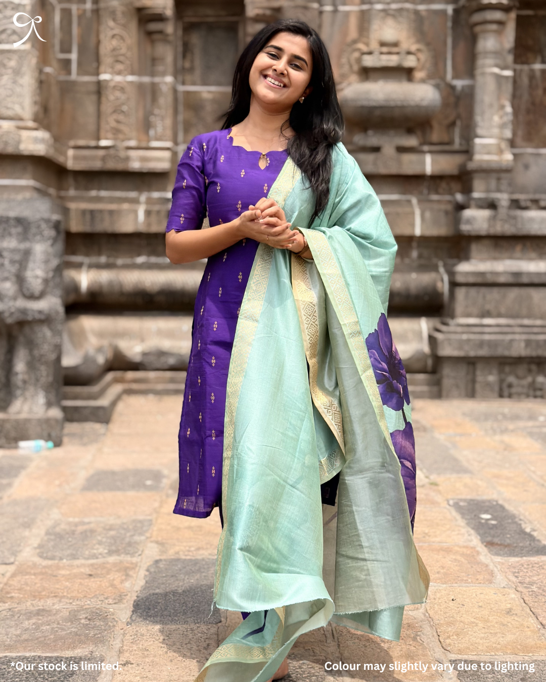 Violet festive salwar suit with contrast pastel dupatta and woven details