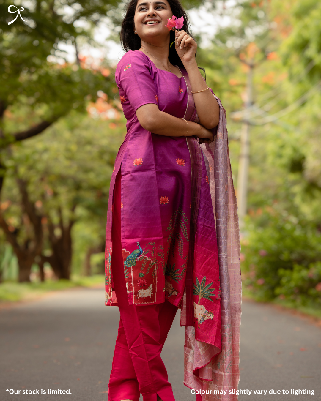 Pretty Vibrant Purple Kolam Silk Pichwai Printed 3-Piece Salwar Suit Set