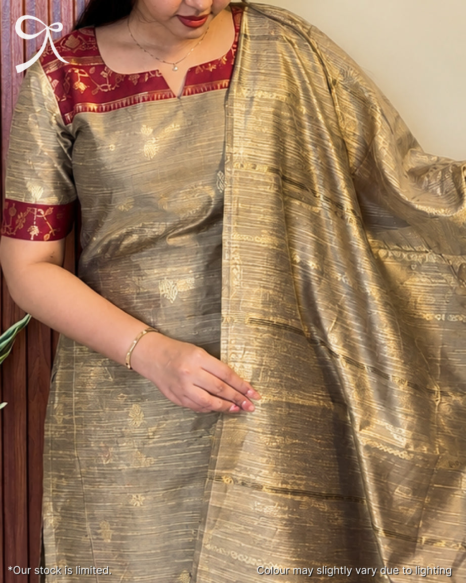 Grey × Maroon Raw Silk (Dhaman Border)