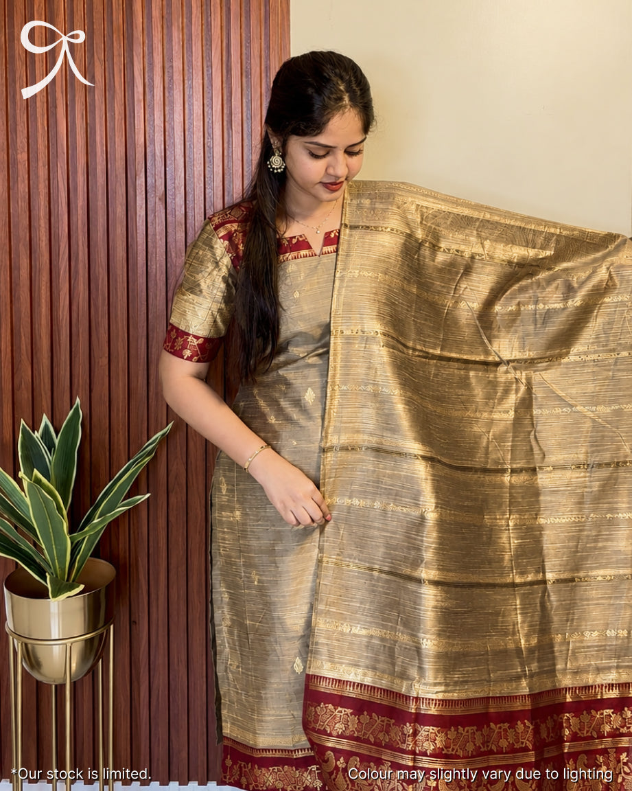 Grey × Maroon Raw Silk (Dhaman Border)