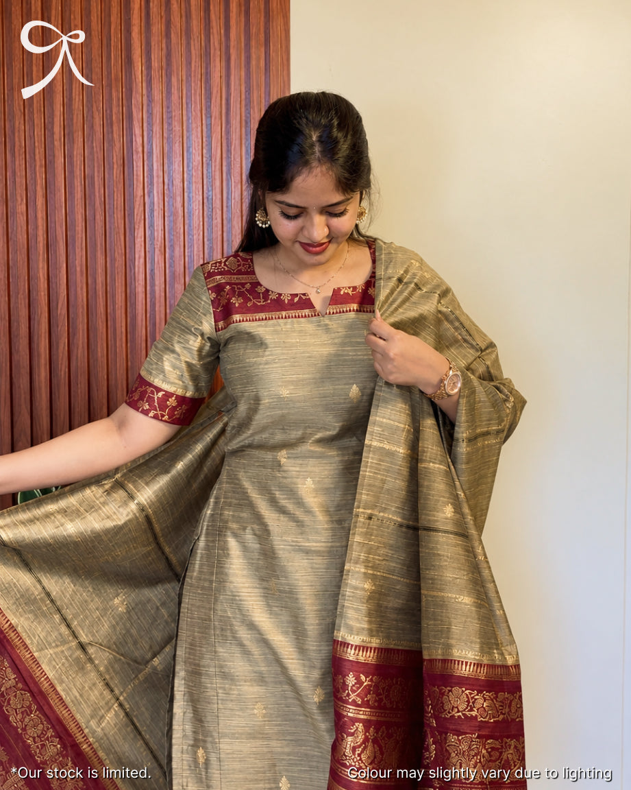 Grey × Maroon Raw Silk (Dhaman Border)