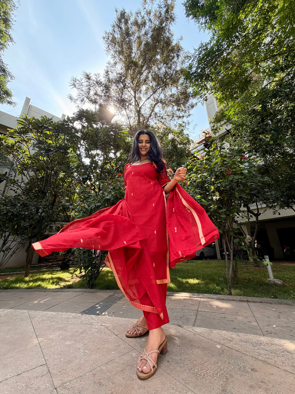 Pure handloom Cotton cherry red 3 piece salwar suit!
