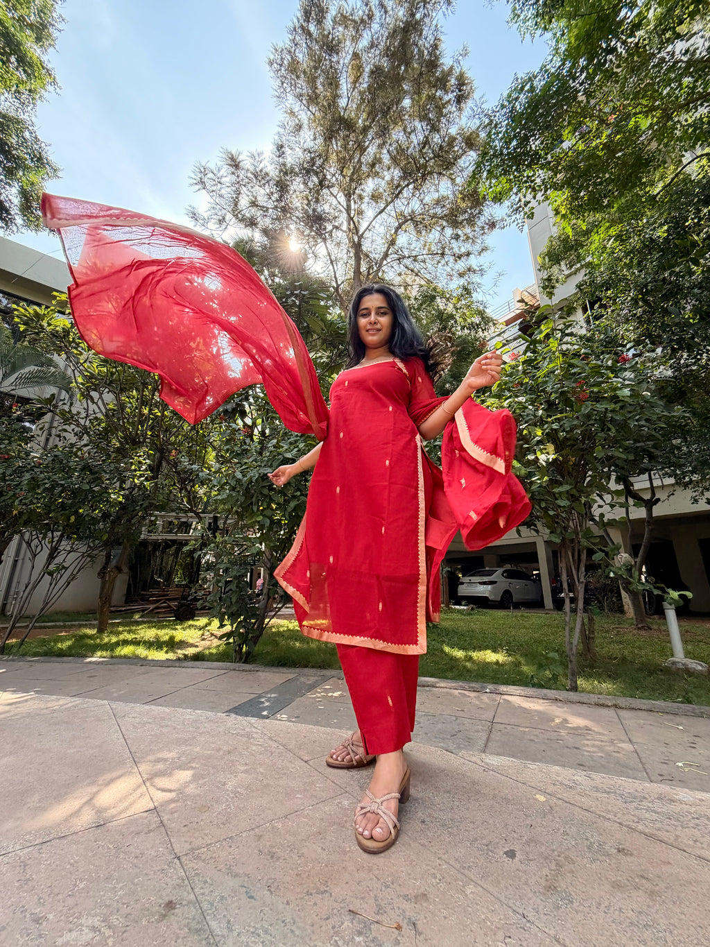 Pure handloom Cotton cherry red 3 piece salwar suit!